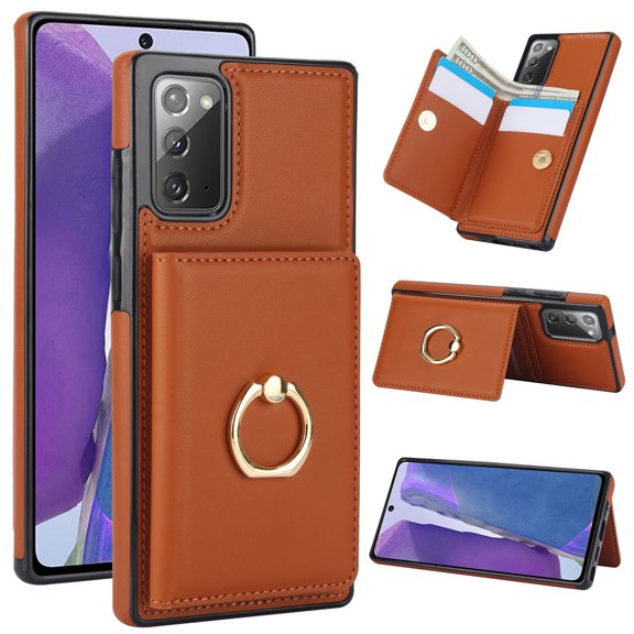 For Samsung Galaxy Note 20 Case Wallet Card Holder,Premium PU Leather Back Flip Kickstand Folio Case,RFID Blocking Ring Holder Shockproof Magnetic Women Men For Samsung Galaxy Note 20,Brown