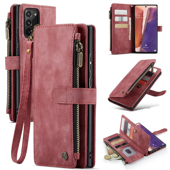 for Samsung Galaxy Note 20 Case, Wallet Case with Card Holder Kickstand Magnetic Zipper Pocket Lanyard Strap Wristlet,Leather Flip Case Wallet for Samsung Galaxy Note 20,Red