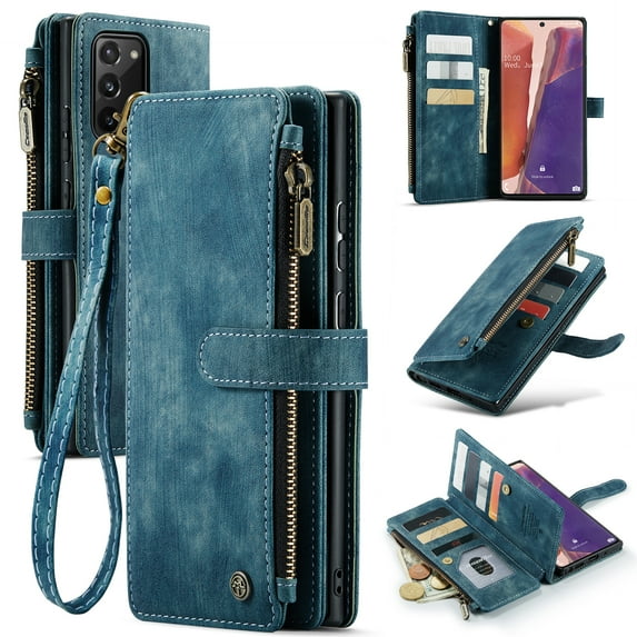 for Samsung Galaxy Note 20 Case Wallet for Men Women, Samsung Galaxy Note 20 Case, PU Leather Magnetic Strap Wristlet Zipper Card Holder Wallet Business Cover for Note 20, Blue
