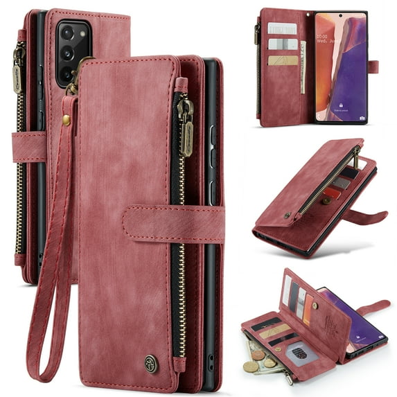 for Samsung Galaxy Note 20 Case Wallet for Men Women, Samsung Galaxy Note 20 Case, PU Leather Magnetic Strap Wristlet Zipper Card Holder Wallet Business Cover for Note 20, Red