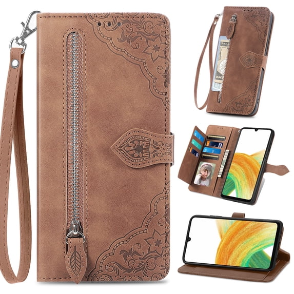 for Samsung Galaxy Note 20 Case for Women,Cute Wallet Case with Zipper Pocket Purse Flower Embossed PU Leather Card Slots Wrist Strap Flip Folio Protective Cover for Note 20, Brown