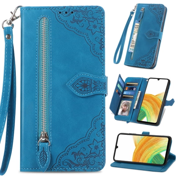 for Samsung Galaxy Note 20 Case for Women,Cute Wallet Case with Zipper Pocket Purse Flower Embossed PU Leather Card Slots Wrist Strap Flip Folio Protective Cover for Note 20, Blue