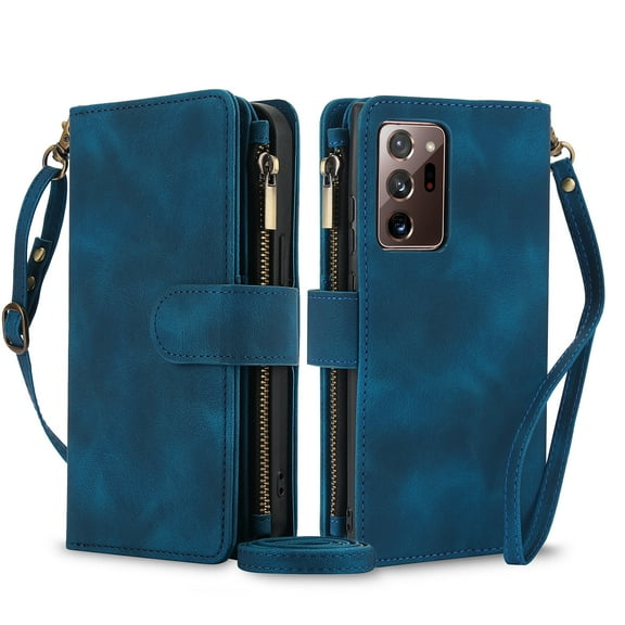 for Samsung Galaxy Note 20 Crossbody Case Wallet with Card Slots - PU Leather Case RFID Blocking Zipper Pocket Lanyard Wrist Strap Shockproof Protective Cover for Samsung Galaxy Note 20, Blue
