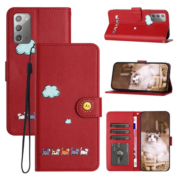 for Samsung Galaxy Note 20 Lovely Cartoon Pattern Wallet Flip PU Leather Case, with Wrist Strap / Credit Card Slots / Photo Slot / Cash Pocket Kickstand Cute Phone Cover for Note 20, Red