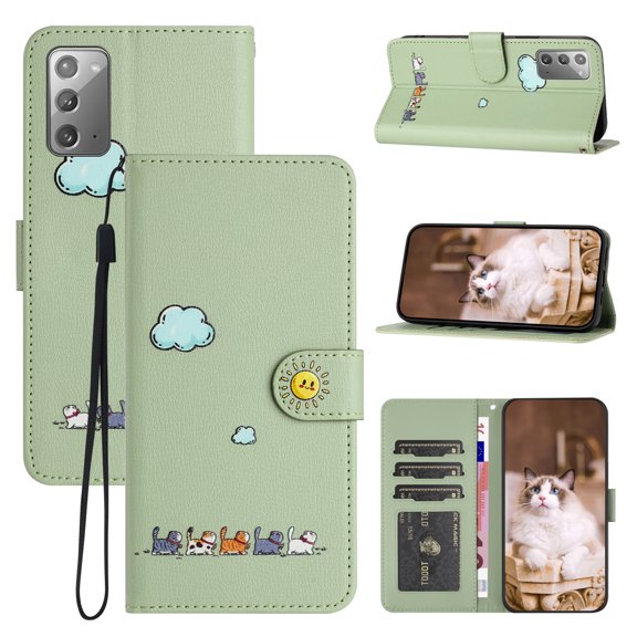 for Samsung Galaxy Note 20 Lovely Cartoon Pattern Wallet Flip PU Leather Case, with Wrist Strap / Credit Card Slots / Photo Slot / Cash Pocket Kickstand Cute Phone Cover for Note 20, Green