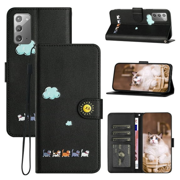 for Samsung Galaxy Note 20 Lovely Cartoon Pattern Wallet Flip PU Leather Case, with Wrist Strap / Credit Card Slots / Photo Slot / Cash Pocket Kickstand Cute Phone Cover for Note 20, Black