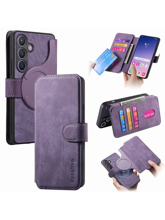For Samsung Galaxy Note 20 Phone Cover Detachable Magnetic Front Case Hard PC Back Case Stand Feature Card Pocket & Credit Slot Shock-Absorbent Dustproof Wallet Phone Case for Men or Women, Purple