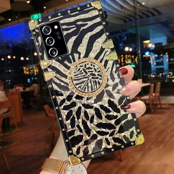for Samsung Galaxy Note 20 Trunk Case,Luxury for Women Girls Box Design Gold Glitter Bling Cute Feather Pattern Soft Cover with Finger Ring Grip Kickstand Phone Skin