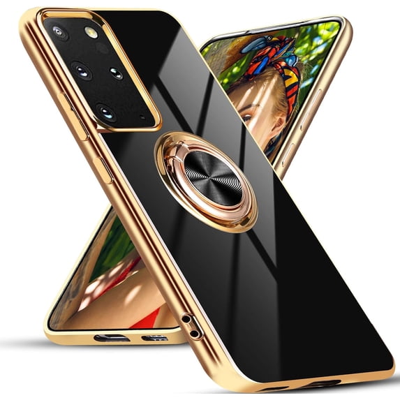 for Samsung Galaxy Note 20 Ultra 5G Case, Built-in 360° Rotation Ring Holder Magnetic Stand, Luxury Shiny Plating Edge Shockproof Electroplated Protective Cover (Black/Golden)