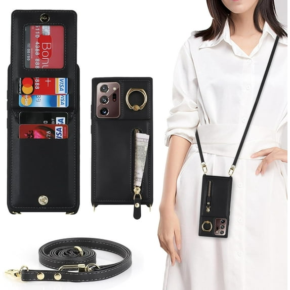 Samsung Galaxy Note 20 Ultra 5G Phone Case for Women with Card Holder,Note 20 Ultra Case Wallet Crossbody Lanyard with Strap,Credit Card Slots Kickstand Case with Ring Holder,6.9 Inch,Black
