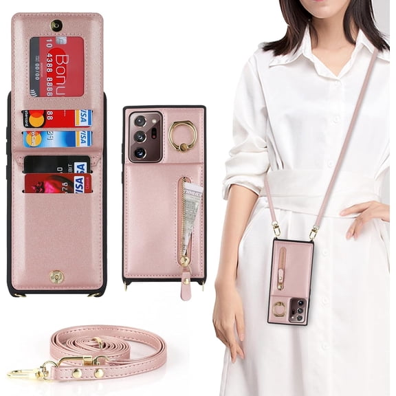 Samsung Galaxy Note 20 Ultra 5G Phone Case for Women with Card Holder,Note 20 Ultra Case Wallet Crossbody Lanyard with Strap,Credit Card Slots Kickstand Case with Ring Holder,6.9 Inch,Rosegold