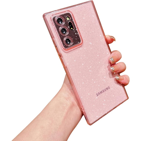 for Samsung Galaxy Note 20 Ultra 5g 6.9” 5g Phone Case Clear Glitter Sparkly Bling Shiny Slim Cover Simple Minimalism Camera Protection Soft Silicone Transparent Shockproof Bumper (Pink)