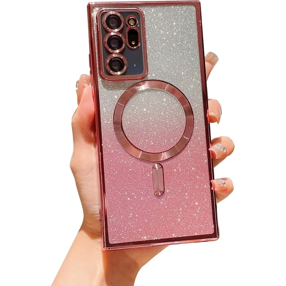 Samsung Galaxy Note 20 Ultra 5g 6.9” Magnetic Case with Camera Lens Protector,Luxury Plated Bling Gradient Glitter Cover Compatible with MagSafe Soft Clear Shockproof Protective Case (Pink)