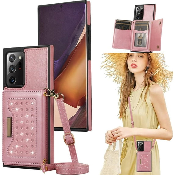 for Samsung Galaxy Note 20 Ultra 6.9" Crossbody Wallet Case for Women, Bling Glitter PU Leather Phone Case with RFID Blocking Card Holder Cover for Samsung Galaxy Note 20 Ultra SZ Rose Gold