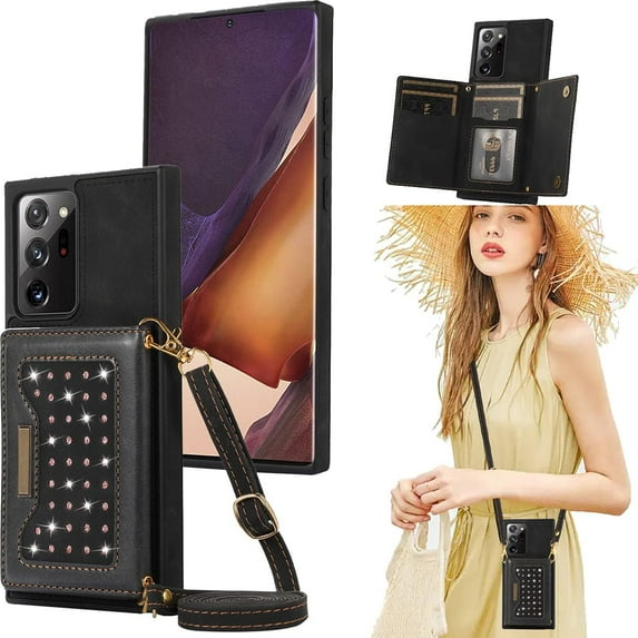 for Samsung Galaxy Note 20 Ultra 6.9" Crossbody Wallet Case for Women, Bling Glitter PU Leather Phone Case with RFID Blocking Card Holder Cover for Samsung Galaxy Note 20 Ultra SZ Black