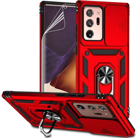 for Samsung Galaxy Note 20 Ultra Case with Camera Lens Cover HD Screen Protector, -Grade Drop Tested Ring Holder Kickstand Protective Phone Case for Galaxy Note 20 Ultra 5G (Red)