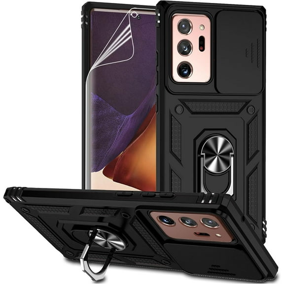for Samsung Galaxy Note 20 Ultra Case with Camera Lens Cover HD Screen Protector, -Grade Drop Tested Ring Holder Kickstand Protective Phone Case for Galaxy Note 20 Ultra 5G (Black)