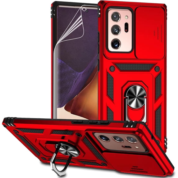 for Samsung Galaxy Note 20 Ultra Case with Camera Lens Cover HD Screen Protector, Military-Grade Drop Tested Magnetic Ring Holder Kickstand Protective Phone Case for Galaxy Note 20 Ultra 5G (Red)