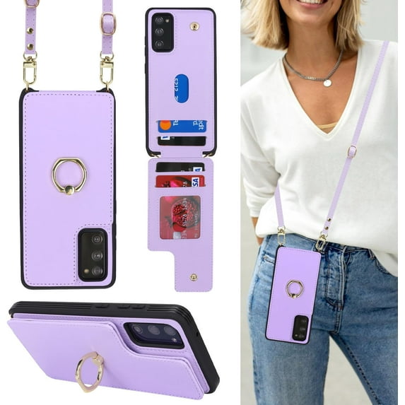 for Samsung Galaxy Note 20 Ultra Case with Card Holder and Strap for Women,Crossbody Lanyard,Ring Stand,Snap Clasp,Phone Wallet Cases 6.9 inch(Purple)