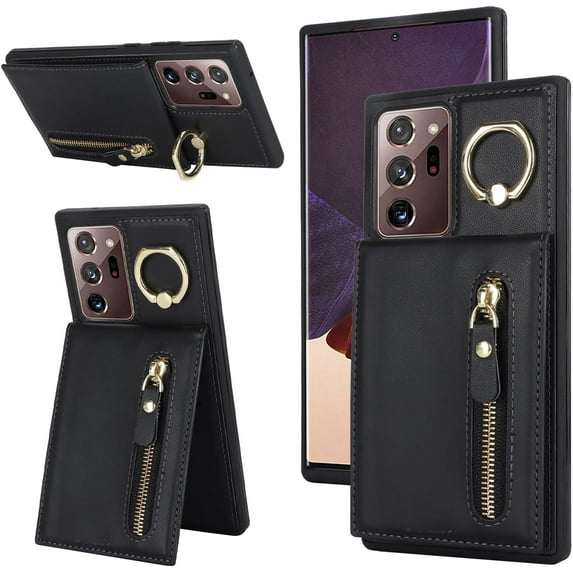 Samsung Galaxy Note 20 Ultra Case with Card Holder for Women, Galaxy Note 20 Ultra Phone Case Wallet with Credit Card with Ring Kickstand Zipper Slim Stand Case - Black