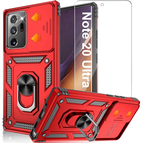for Samsung Galaxy Note 20 Ultra Case with HD Screen Protector, Build in 360° Rotating Ring Kickstand [ Grade] Protective Case for Galaxy Note 20 Ultra, Red