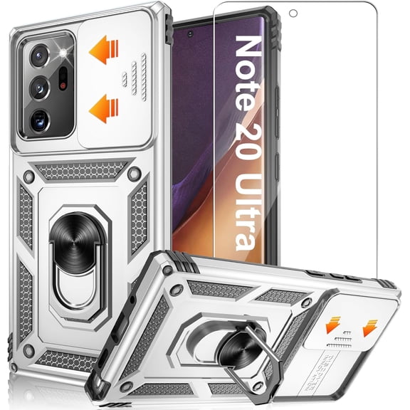 for Samsung Galaxy Note 20 Ultra Case with HD Screen Protector, Build in 360° Rotating Ring Kickstand [ Grade] Protective Case for Galaxy Note 20 Ultra, Silver
