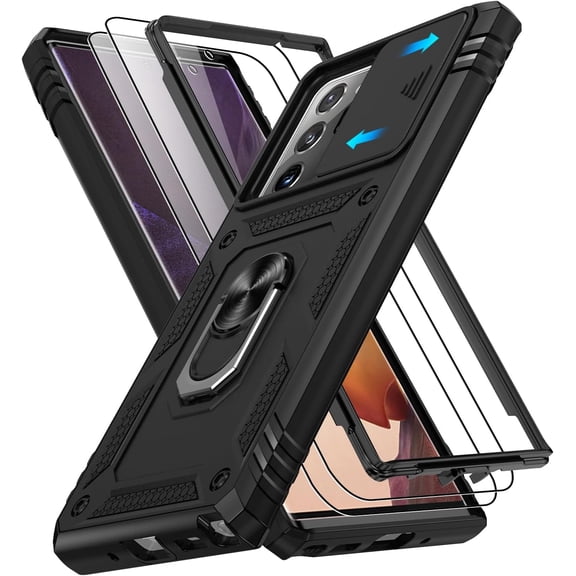 for Samsung Galaxy Note 20 Ultra Case with Screen Protector*2, Note 20 Ultra Phone Case Build in 360 Rotating Ring Kickstand, Military Grade Protective Cover for Note 20 Ultra Phone Black