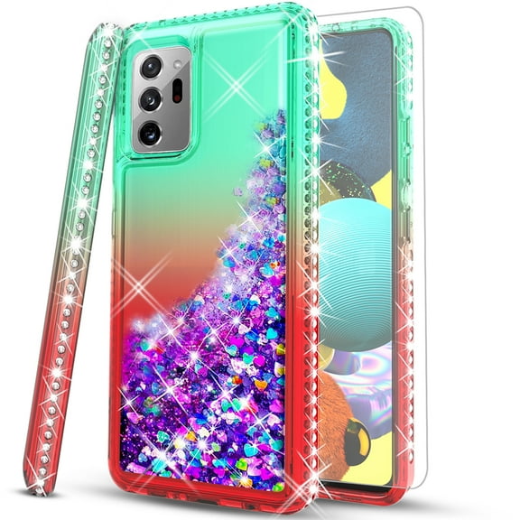 Samsung Galaxy Note 20 Ultra Case, with [Tempered Glass Protector Included] Liquid Floating Glitter Quicksand Bling with Spot Diamond Cover - Green/Red