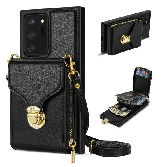 for Samsung Galaxy Note 20 Ultra Case Wallet with Shoulder Strap for Women - Crossbody Lanyard,Zipper Pocket,Credit Card Holder,Shockproof - Metal Buckle Closure Premium PU Leather Case, Black