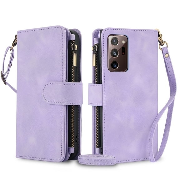 for Samsung Galaxy Note 20 Ultra Crossbody Case Wallet with Card Slots - PU Leather Case RFID Blocking Zipper Pocket Lanyard Wrist Strap Shockproof Cover for Samsung Galaxy Note 20 Ultra, Purple