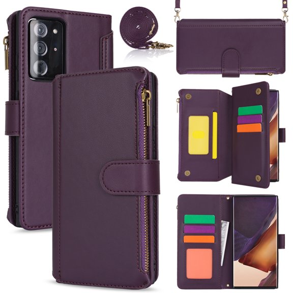 for Samsung Galaxy Note 20 Ultra Crossbody Wallet Case, RFID Blocking Case Wallet with Card Slots, Fashion PU Leather Magnetic Clasp Zipper Wrist Strap Cover for Samsung Galaxy Note 20 Ultra, Purple