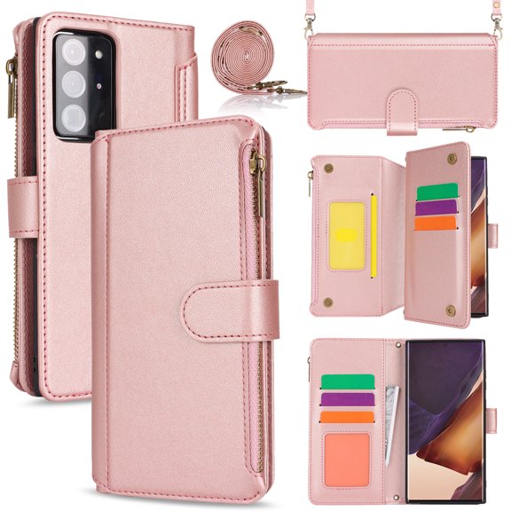 for Samsung Galaxy Note 20 Ultra Crossbody Wallet Case, RFID Blocking Case Wallet with Card Slots, Fashion PU Leather Magnetic Clasp Zipper Wrist Strap Cover for Samsung Galaxy Note 20 Ultra, Rosegold