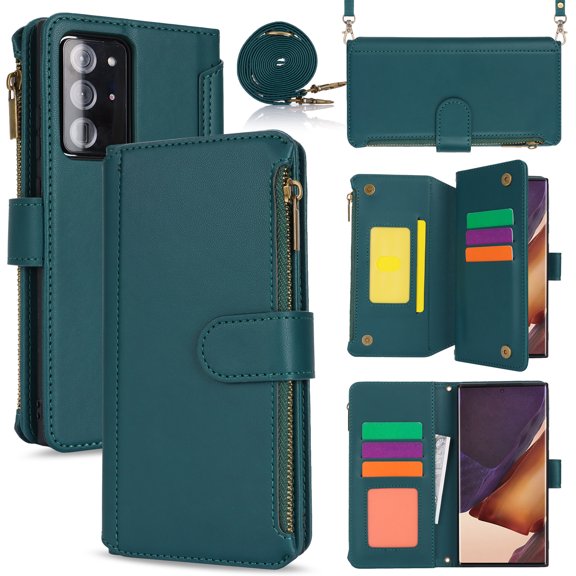 for Samsung Galaxy Note 20 Ultra Crossbody Wallet Case, RFID Blocking Case Wallet with Card Slots, Fashion PU Leather Magnetic Clasp Zipper Wrist Strap Cover for Samsung Galaxy Note 20 Ultra, Green
