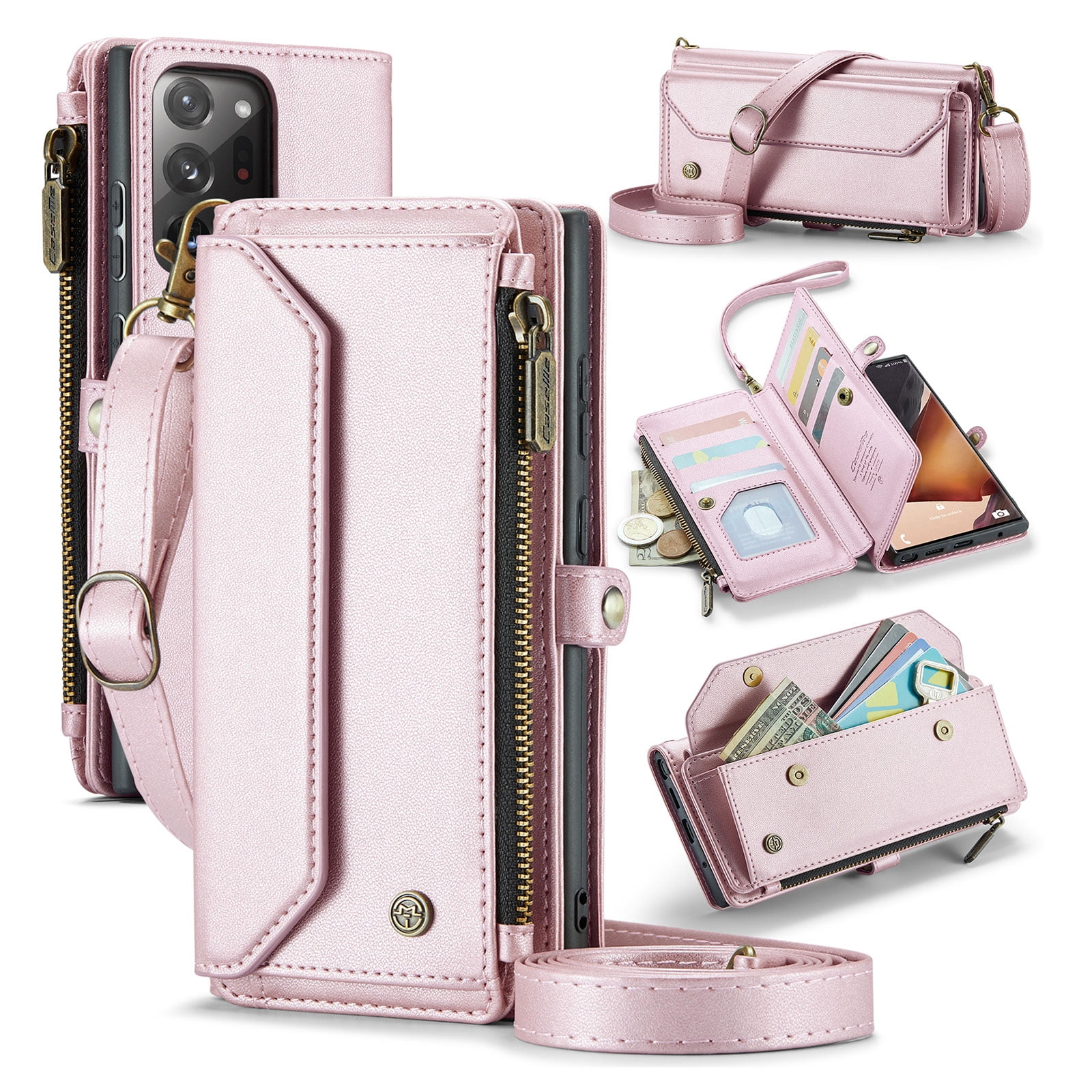 for Samsung Galaxy Note 20 Ultra Full Body Protection Wallet Folio Flip Case, Shoulder Strap & Wristlet Card Slots Zipper Pocket RFID Blocking Rugged Durable PU Leather Phone Case Cover, Pink