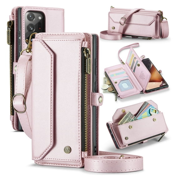 for Samsung Galaxy Note 20 Ultra Full Body Protection Wallet Folio Flip Case, Shoulder Strap & Wristlet Card Slots Zipper Pocket RFID Blocking Rugged Durable PU Leather Phone Case Cover, Pink