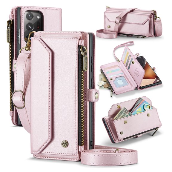 for Samsung Galaxy Note 20 Ultra Full Body Protection Wallet Folio Flip Case, Shoulder Strap & Wristlet Card Slots Zipper Pocket RFID Blocking Rugged Durable PU Leather Phone Case Cover, Pink