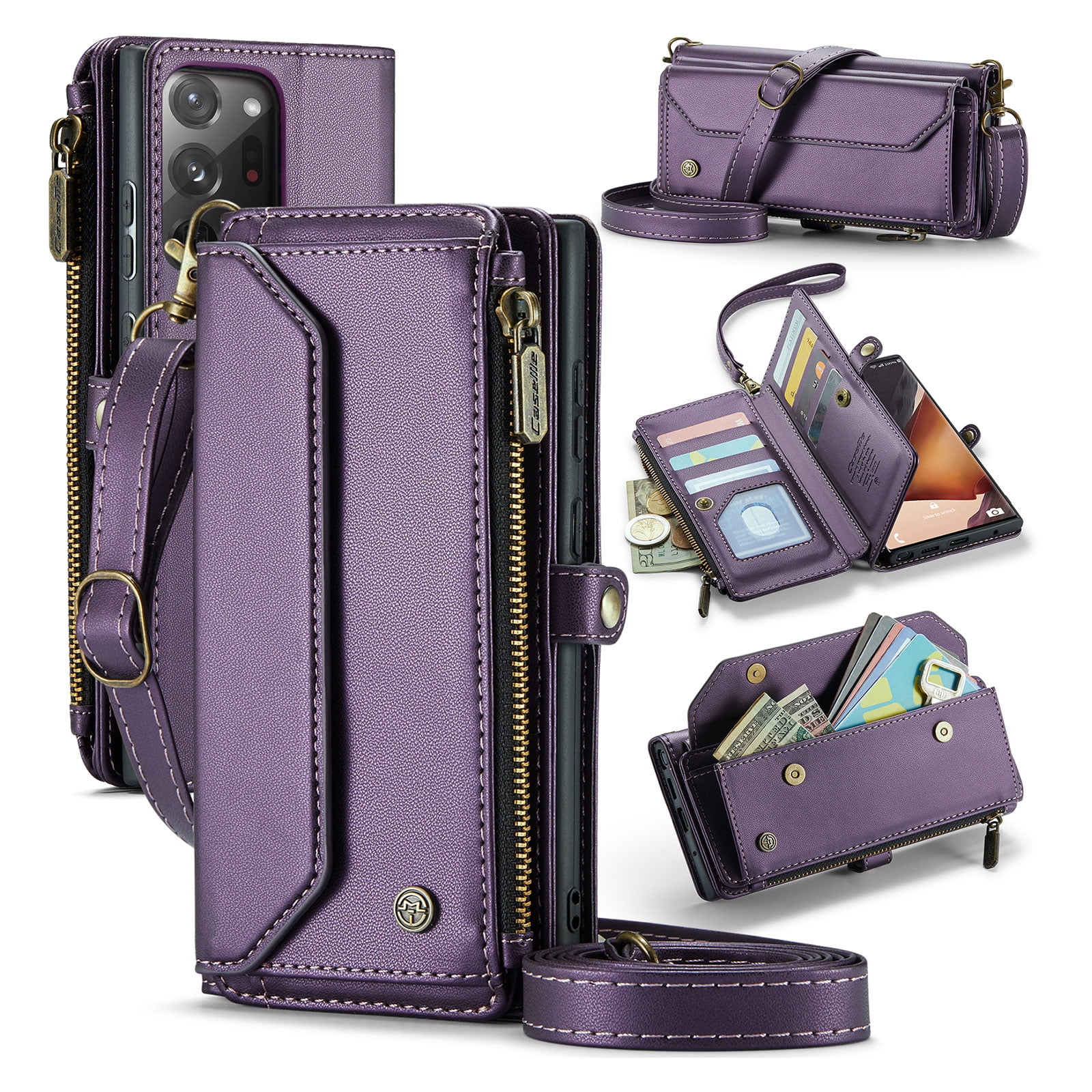 for Samsung Galaxy Note 20 Ultra Full Body Protection Wallet Folio Flip Case, Shoulder Strap & Wristlet Card Slots Zipper Pocket RFID Blocking Rugged Durable PU Leather Phone Case Cover, Purple
