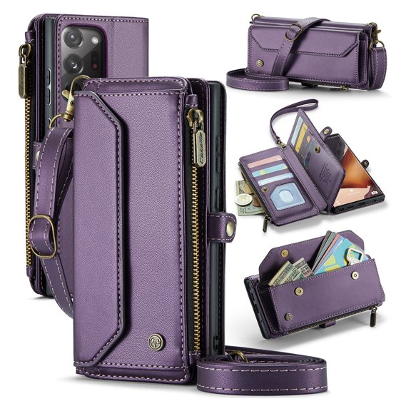 for Samsung Galaxy Note 20 Ultra Full Body Protection Wallet Folio Flip Case, Shoulder Strap & Wristlet Card Slots Zipper Pocket RFID Blocking Rugged Durable PU Leather Phone Case Cover, Purple