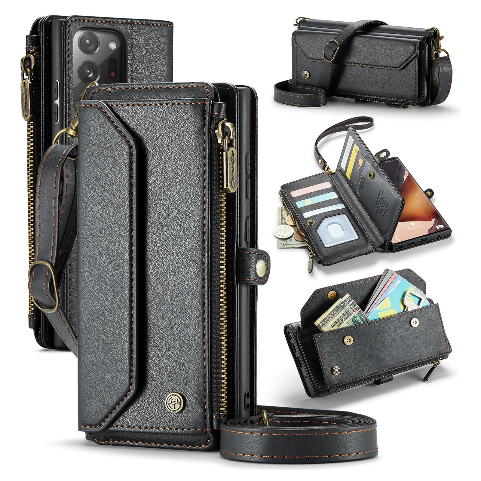 for Samsung Galaxy Note 20 Ultra Full Body Protection Wallet Folio Flip Case, Shoulder Strap & Wristlet Card Slots Zipper Pocket RFID Blocking Rugged Durable PU Leather Phone Case Cover, Black