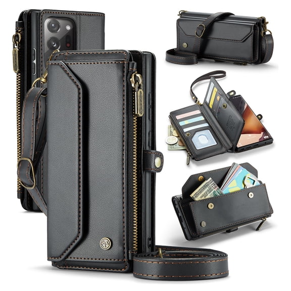 for Samsung Galaxy Note 20 Ultra Full Body Protection Wallet Folio Flip Case, Shoulder Strap & Wristlet Card Slots Zipper Pocket RFID Blocking Rugged Durable PU Leather Phone Case Cover, Black