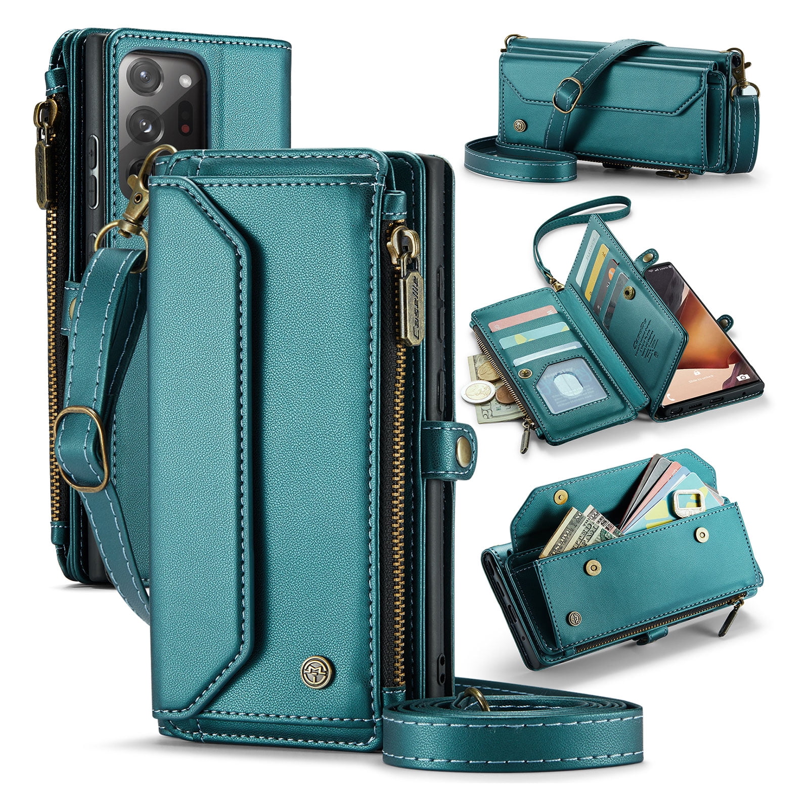 for Samsung Galaxy Note 20 Ultra Full Body Protection Wallet Folio Flip Case, Shoulder Strap & Wristlet Card Slots Zipper Pocket RFID Blocking Rugged Durable PU Leather Phone Case Cover, Green