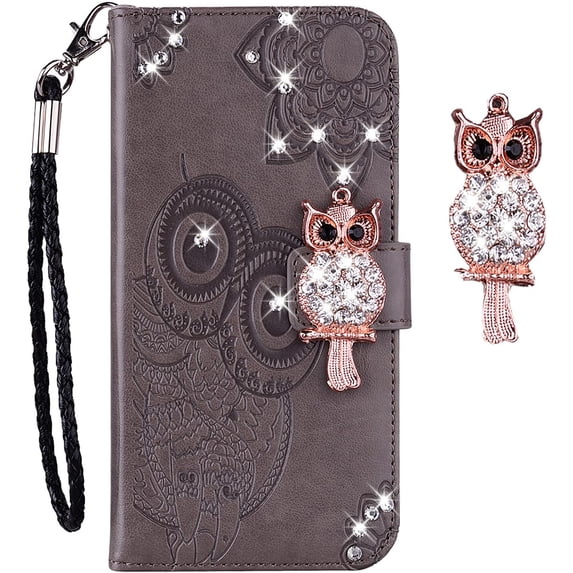 Samsung Galaxy Note 20 Ultra (Not Note 20) Case for Women, Glitter Bling Diamond PU Leather Wallet Phone Case with Wsrist String Flip Cover for Samsung Galaxy Note 20 Ultra Owl Grey