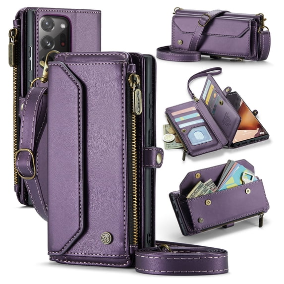 for Samsung Galaxy Note 20 Ultra Rugged Case, Classic PU Leather Shoulder Strap Wrist Strap Zipper Pocket RFID Blocking Wireless Charging Kickstand Case Cover for Samsung Galaxy Note 20 Ultra, Purple