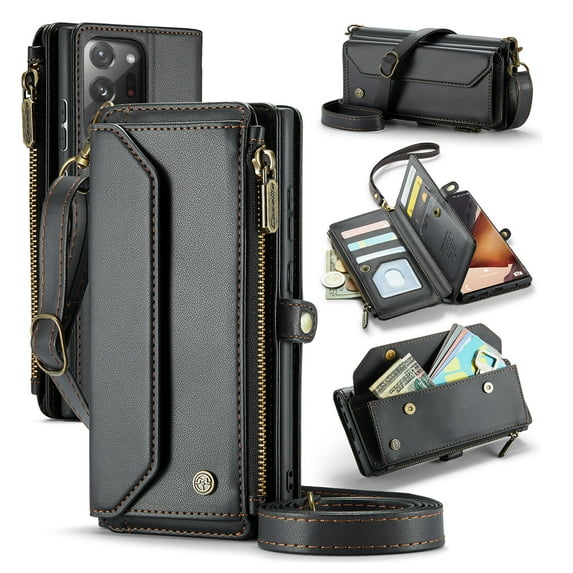 for Samsung Galaxy Note 20 Ultra Rugged Case, Classic PU Leather Shoulder Strap Wrist Strap Zipper Pocket RFID Blocking Wireless Charging Kickstand Case Cover for Samsung Galaxy Note 20 Ultra, Black