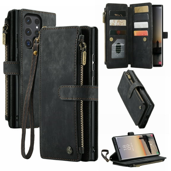 For Samsung Galaxy Note 20 Ultra Wallet Case with Card Holder for Women Men, Sturdy PU Leather Case Magnetic Flip Zipper Wristlet Strap Kickstand Phone Case for Samsung Galaxy Note 20 Ultra - Black