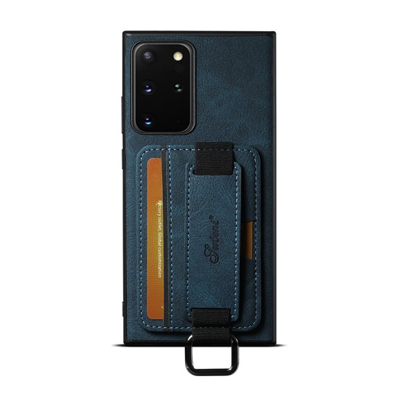 for Samsung Galaxy Note 20 Ultra Wallet Case, Classic Finger Ring with Card Holder Lychee Texture PU Leather Back Cover with Wristband Kickstand Shockproof Drop Protective for Note 20 Ultra, Blue