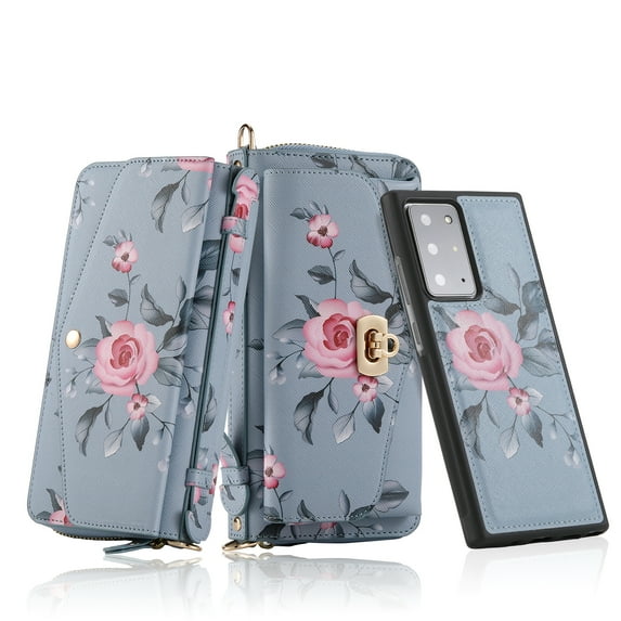 for Samsung Galaxy Note 20 Ultra Wallet Case - Magnetic Detachable Back Case with RFID Blocking Card Holder, Hand Strap & Crossbody Strap, Floral Flower PU Leather Flip Case for Women Girls, Gray