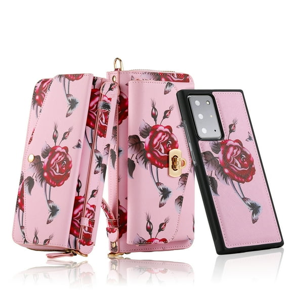 for Samsung Galaxy Note 20 Ultra Wallet Case - Magnetic Detachable Back Case with RFID Blocking Card Holder, Hand Strap & Crossbody Strap, Floral Flower PU Leather Flip Case for Women Girls, Pink