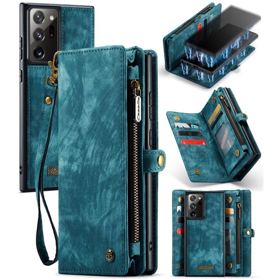 For Samsung Galaxy Note 20 Ultra Wallet Case,Multi-Functional Retro Leather Purse Flip Cover Zipper Wallet Case with Removable Card Slots Pocket & Detachable Wrist Strap Magnetic Phone Case, Green