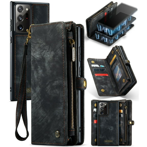 For Samsung Galaxy Note 20 Ultra Wallet Case,Multi-Functional Retro Leather Purse Flip Cover Zipper Wallet Case with Removable Card Slots Pocket & Detachable Wrist Strap Magnetic Phone Case, Black